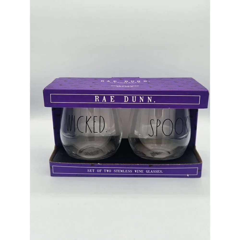RAE DUNN Halloween Clear Stemless Wine Glasses WICKED and SPOOKY